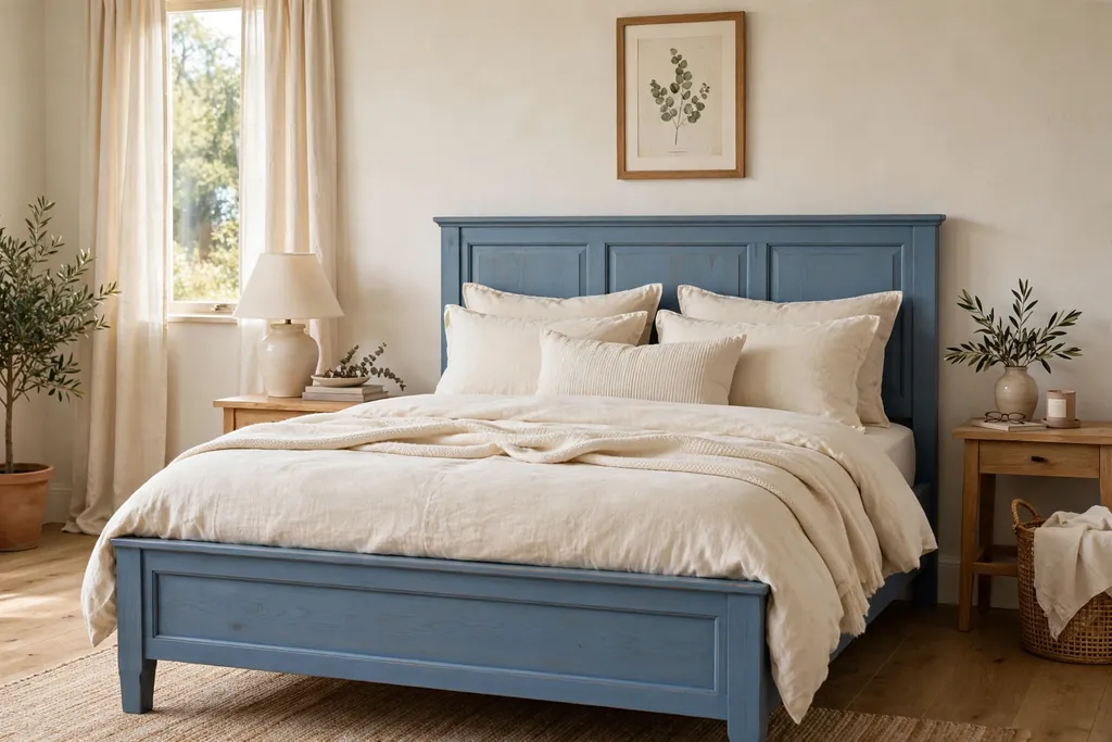 Bedroom with a blue painted wood bed frame and calm cream bedding.