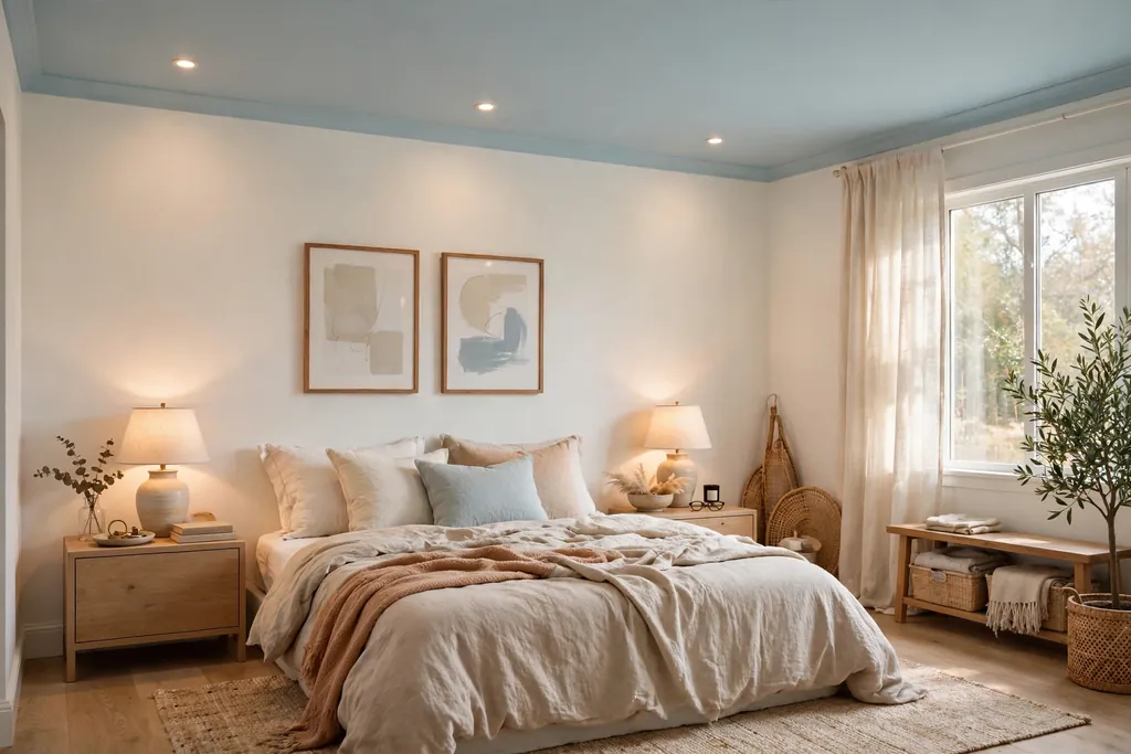 Bedroom with a soft pale blue ceiling and warm white walls.