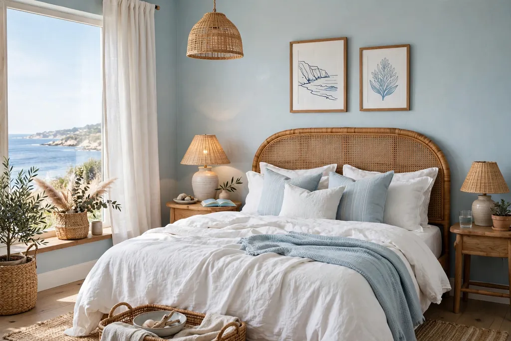 Coastal bedroom with pale blue walls, rattan headboard, and white linen bedding.