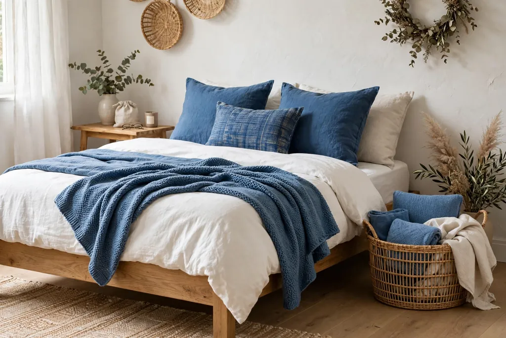 Bed with blue throws and cushions in a basket beside it for a no paint swap.
