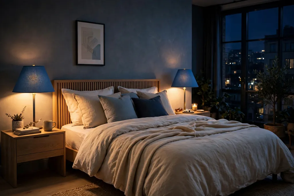 Bedroom at night with blue lampshades glowing warm light beside a bed.