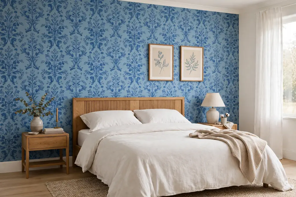 Bedroom bed wall with blue patterned wallpaper and plain bedding.