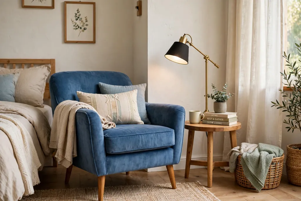 Bedroom corner with a blue armchair, small side table, and reading lamp.