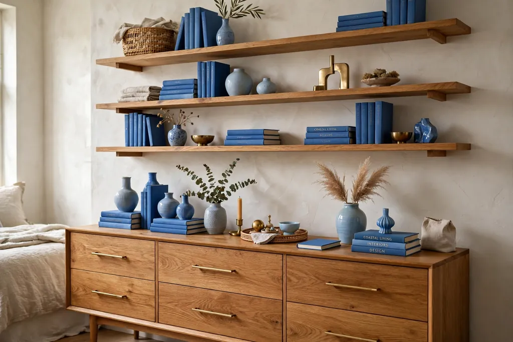 Bedroom open shelves above a dresser styled with blue books, vases, and objects.