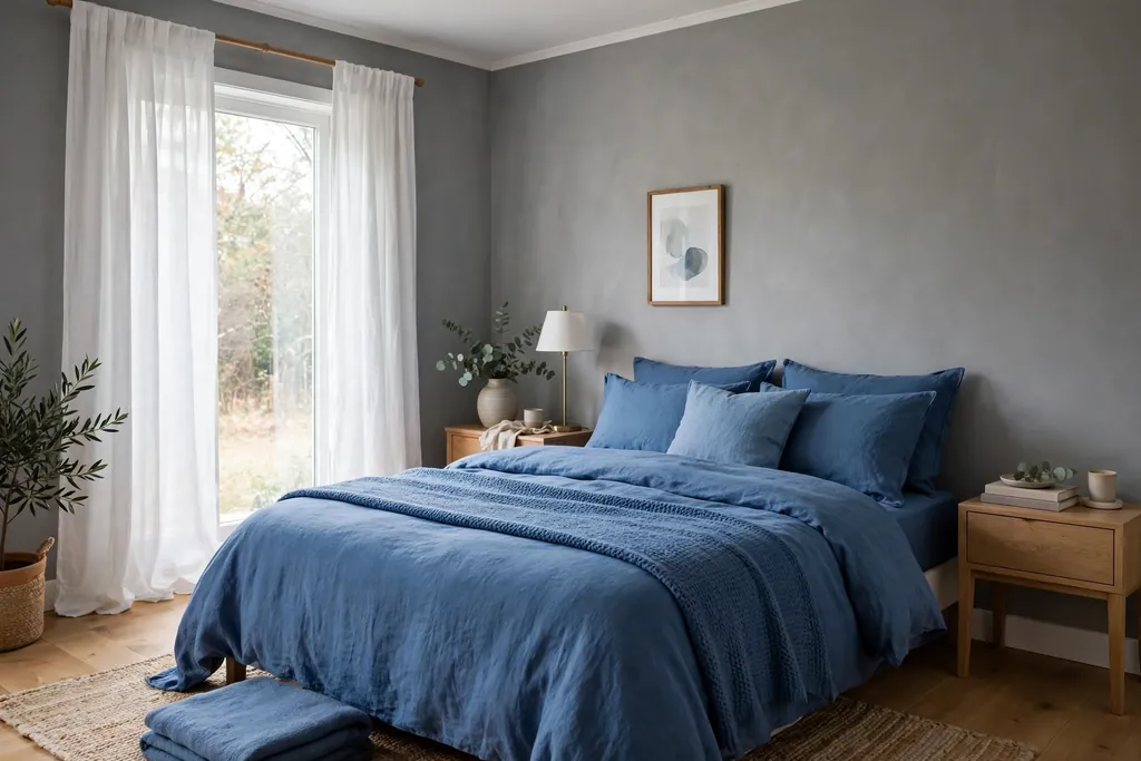 Bedroom with blue bedding, grey walls, and white curtains for a calm pairing.