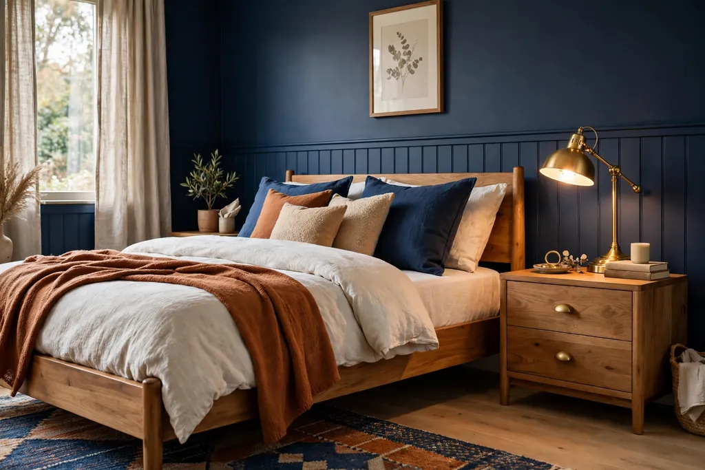 Navy bedroom with brass lamp and warm wood bed frame and nightstand.