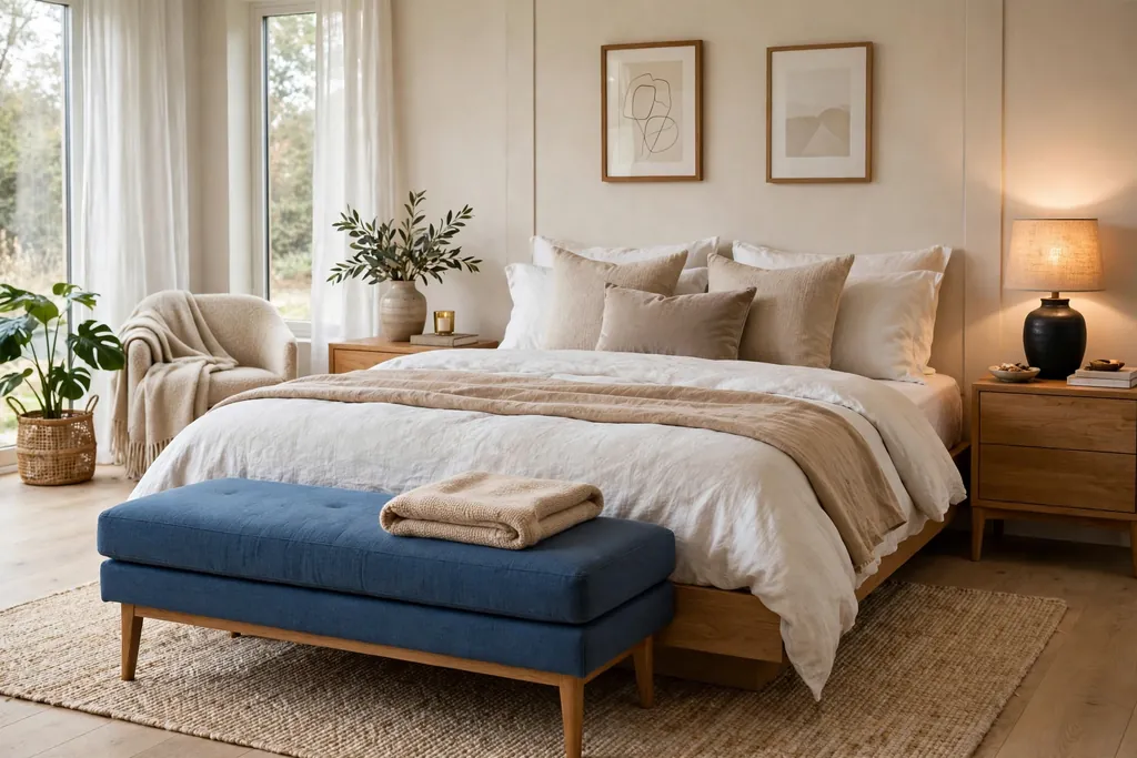 Bedroom with a blue upholstered bench at the foot of a bed with a folded throw.
