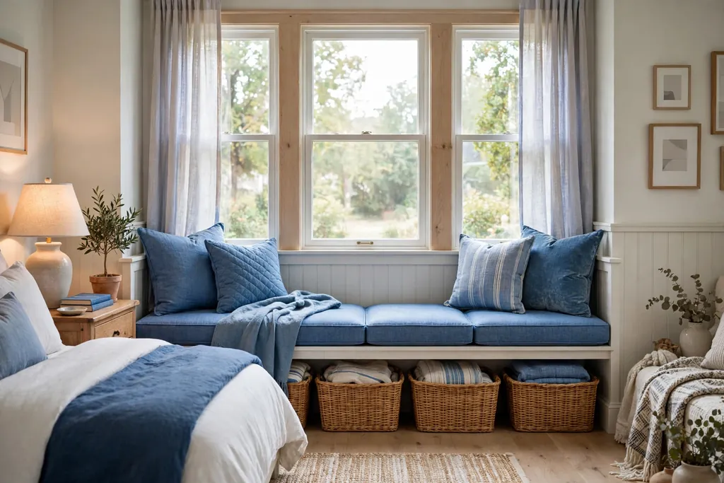 Bedroom window seat with blue seat cushions and storage baskets below.