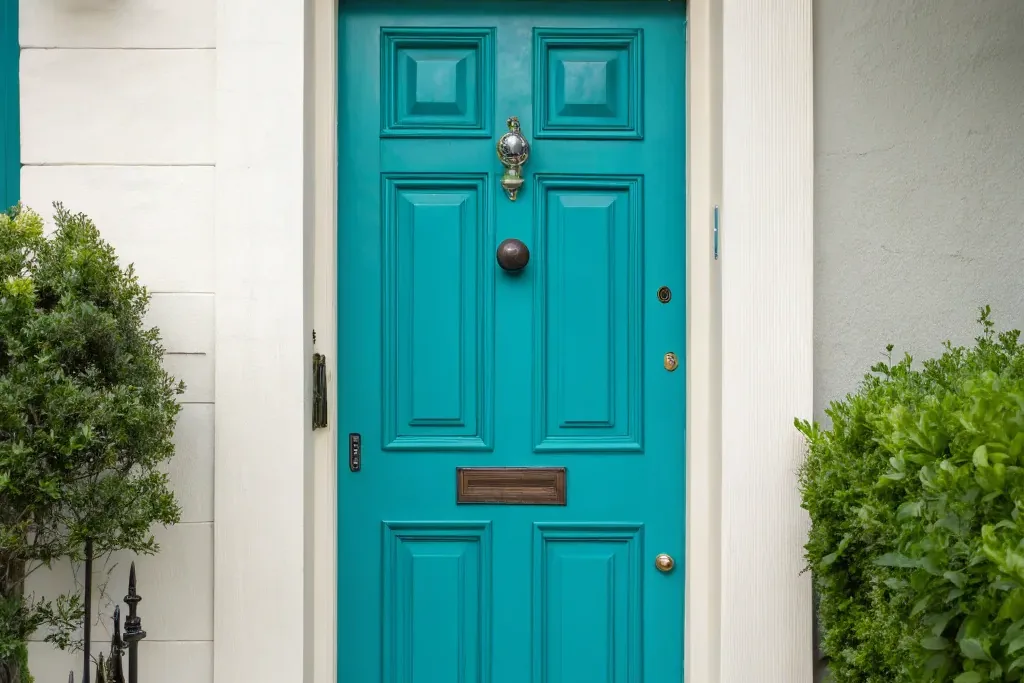 Front door painted clear Aegean blue on a house exterior.