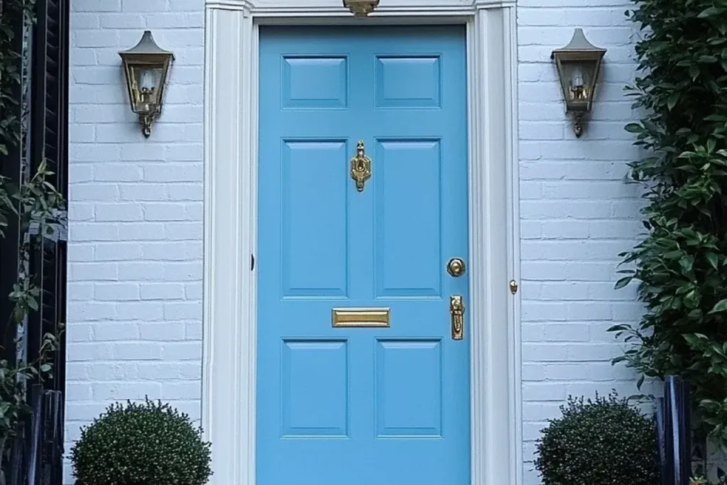 Front door painted pale aqua blue on a coastal style house.