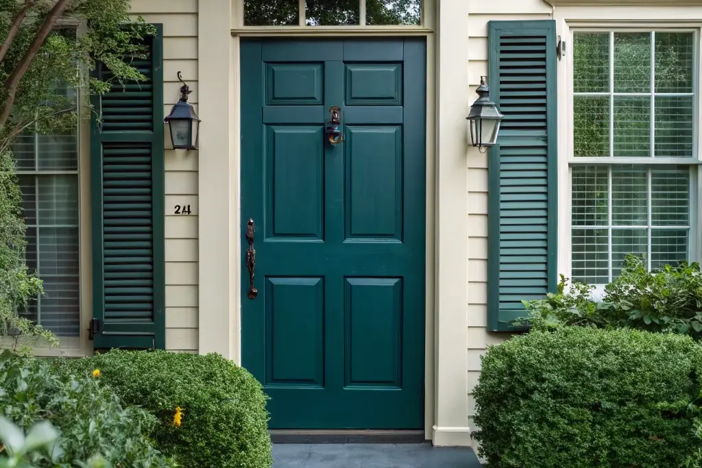 Front door painted mid tone blue green on a house exterior.