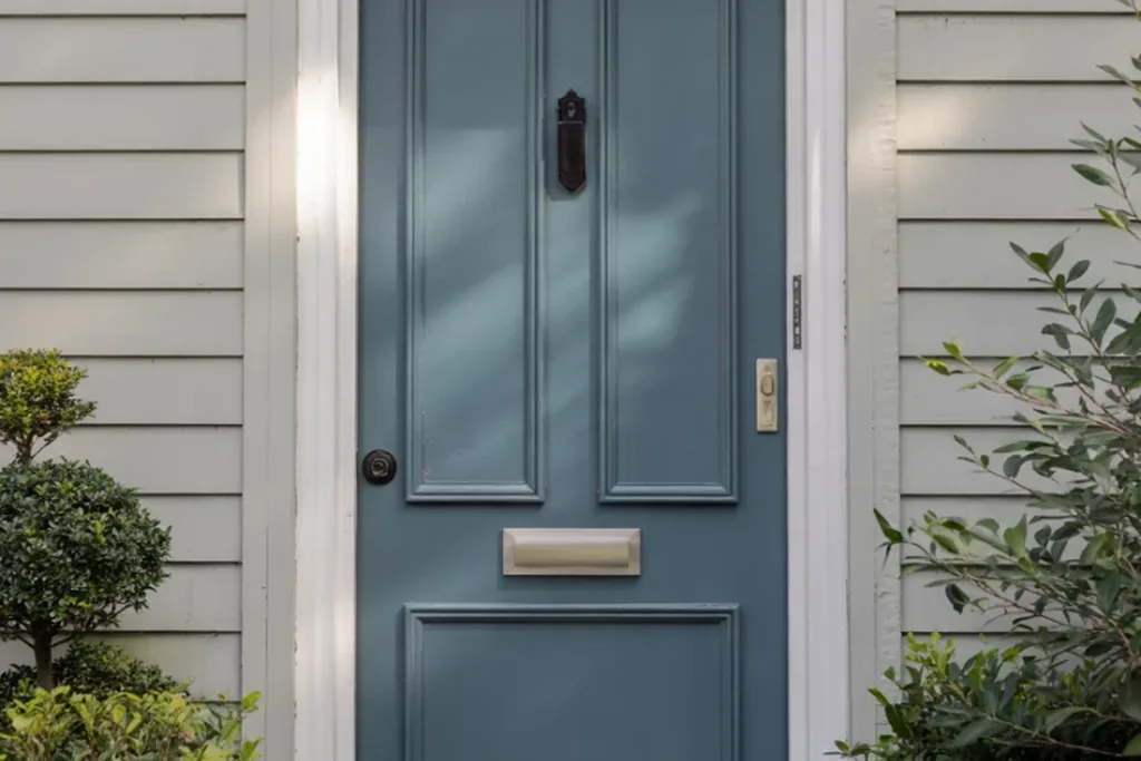 Front door painted medium cadet blue gray on a house exterior.