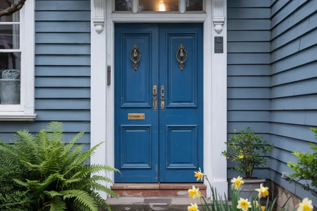 Front door painted bright cerulean blue on a house exterior.