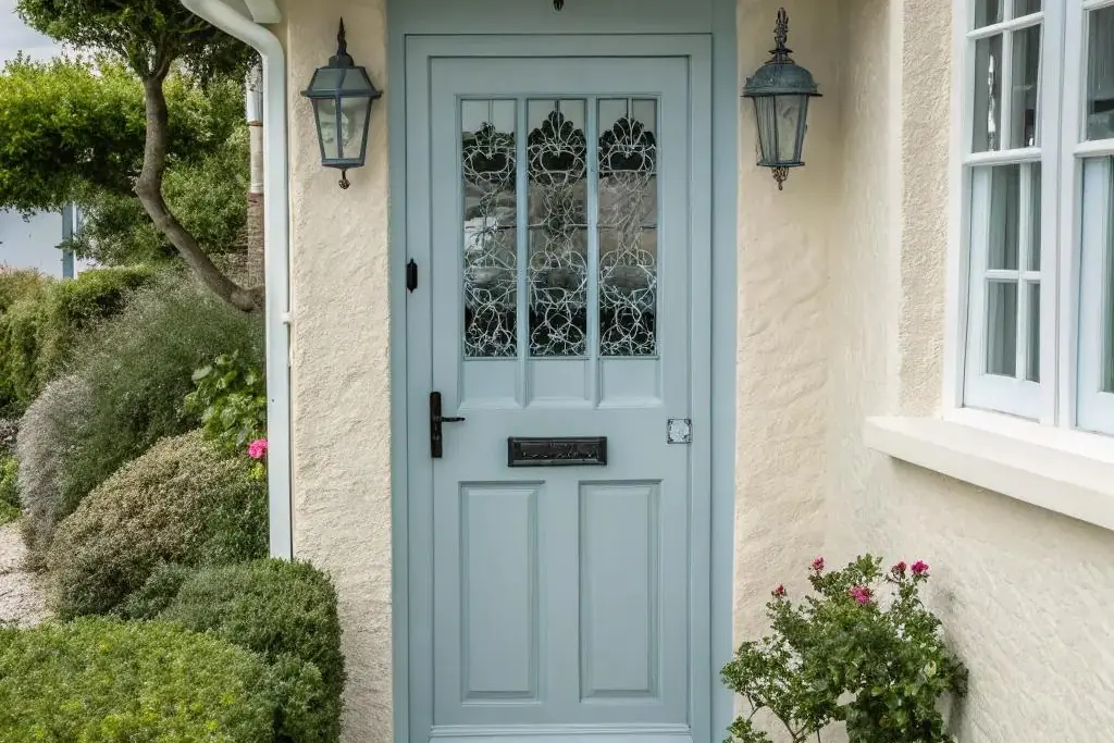 Front door painted soft chambray blue on a house exterior.