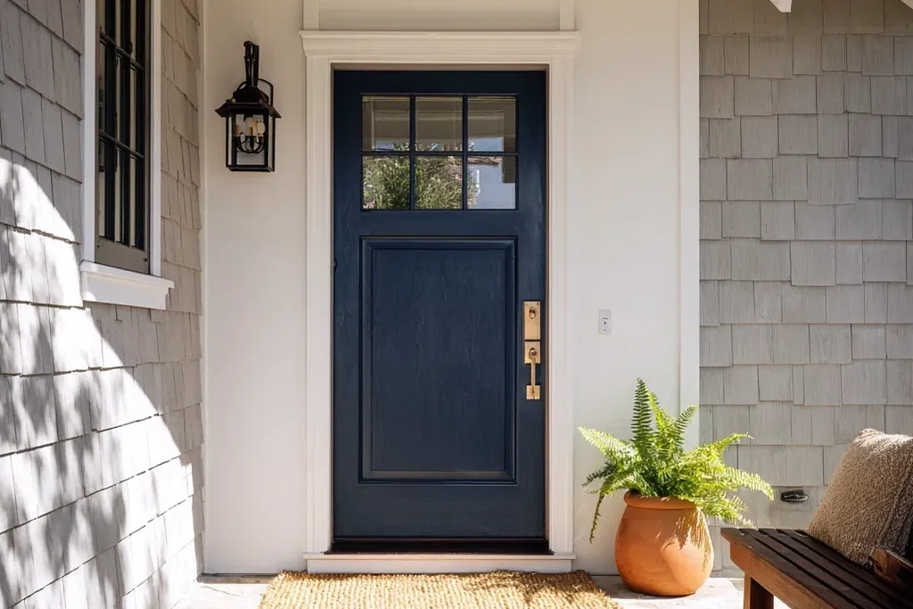 Front door painted near black charcoal blue on a house exterior.