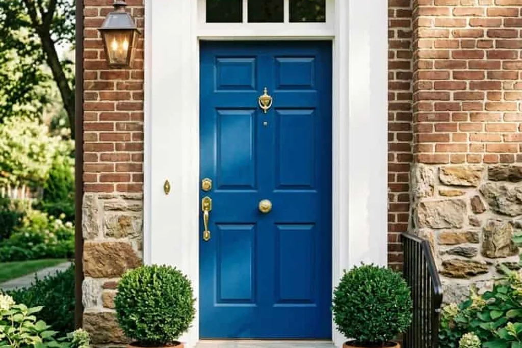 Front door painted bright cobalt blue on a house exterior.