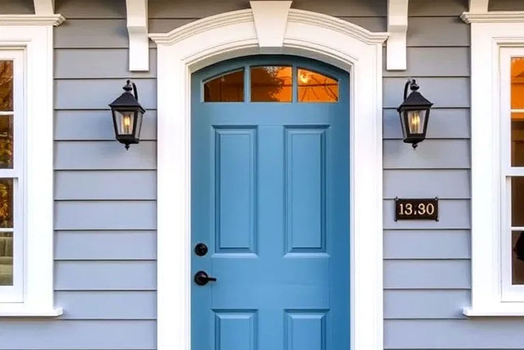 Front door painted soft cornflower blue on a cottage style house.