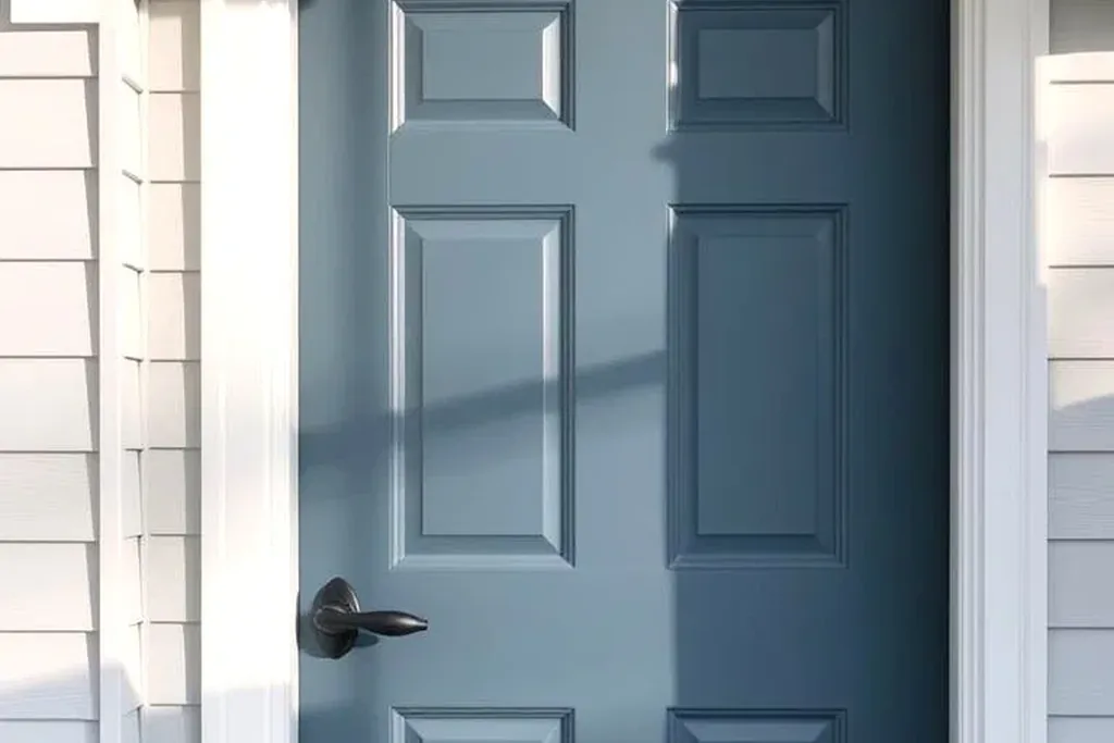 Front door painted muted dusty blue on a house exterior.
