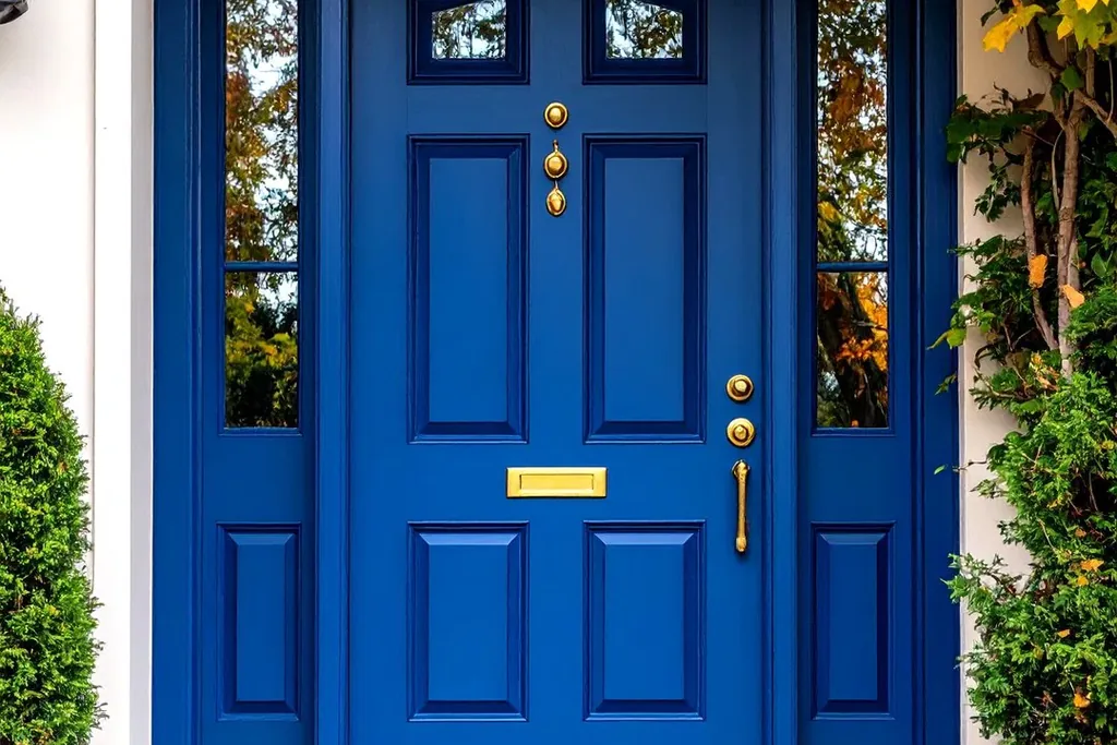 Front door painted clean French blue on a house exterior.