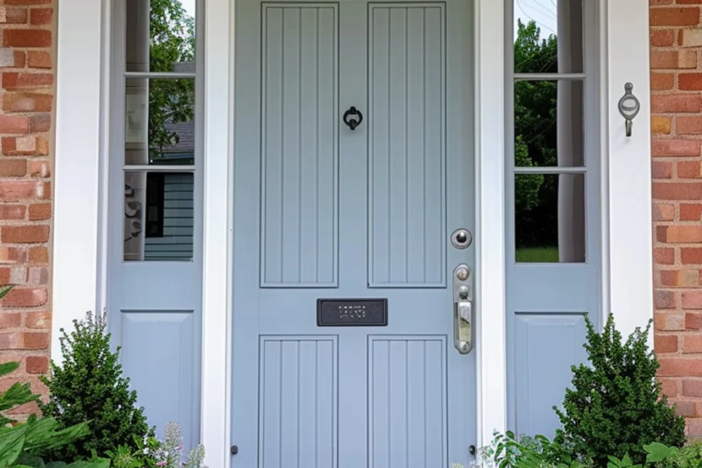 Front door painted very pale ice blue on a house exterior.