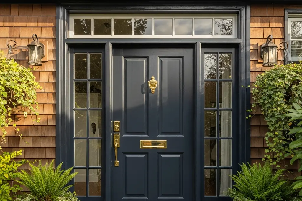 Front door painted deep indigo blue on a house exterior.
