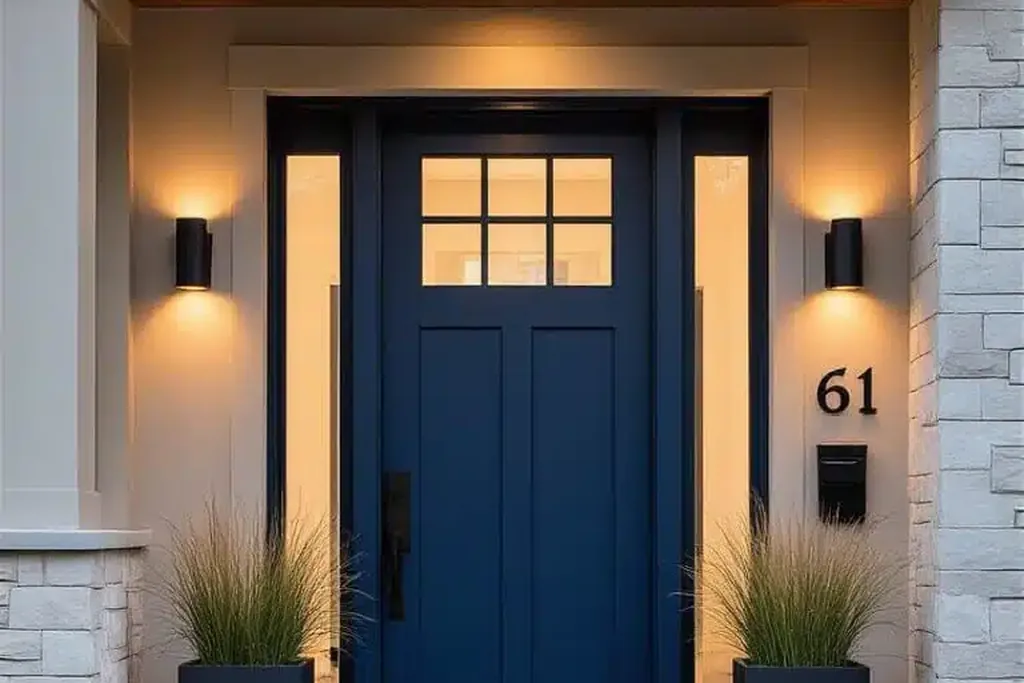 Front door painted marine gray blue on a house exterior.