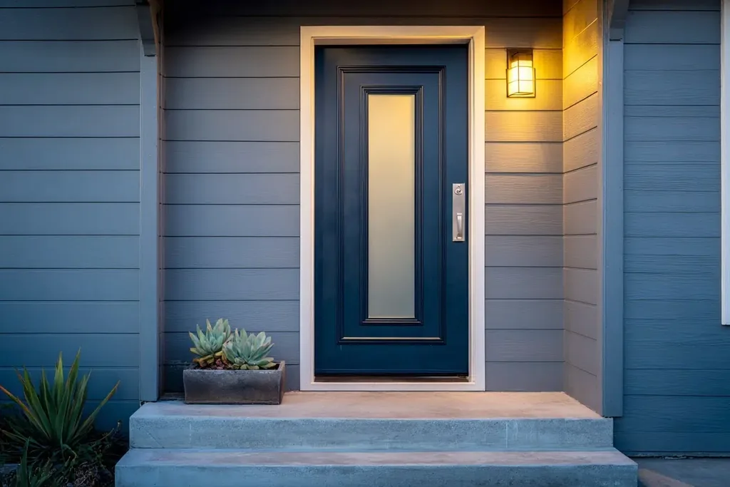 Front door painted deep midnight blue on a house exterior.