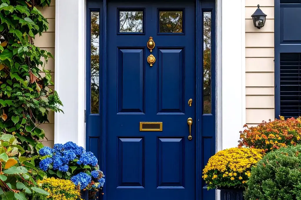 Front door painted classic navy blue on a house with light siding.