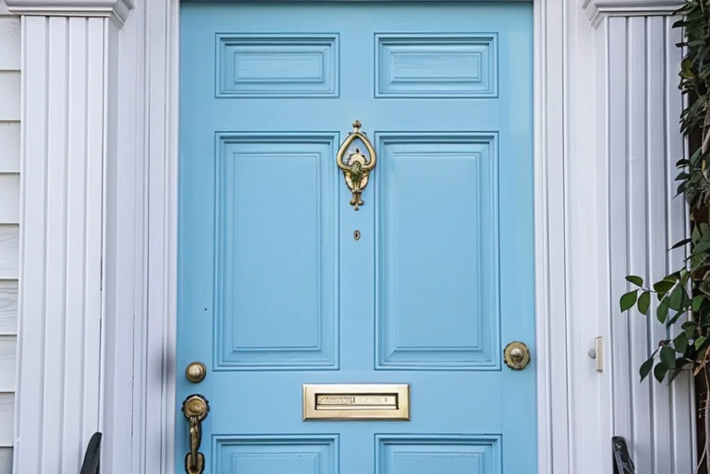 Front door painted pale sky blue on a light colored house.