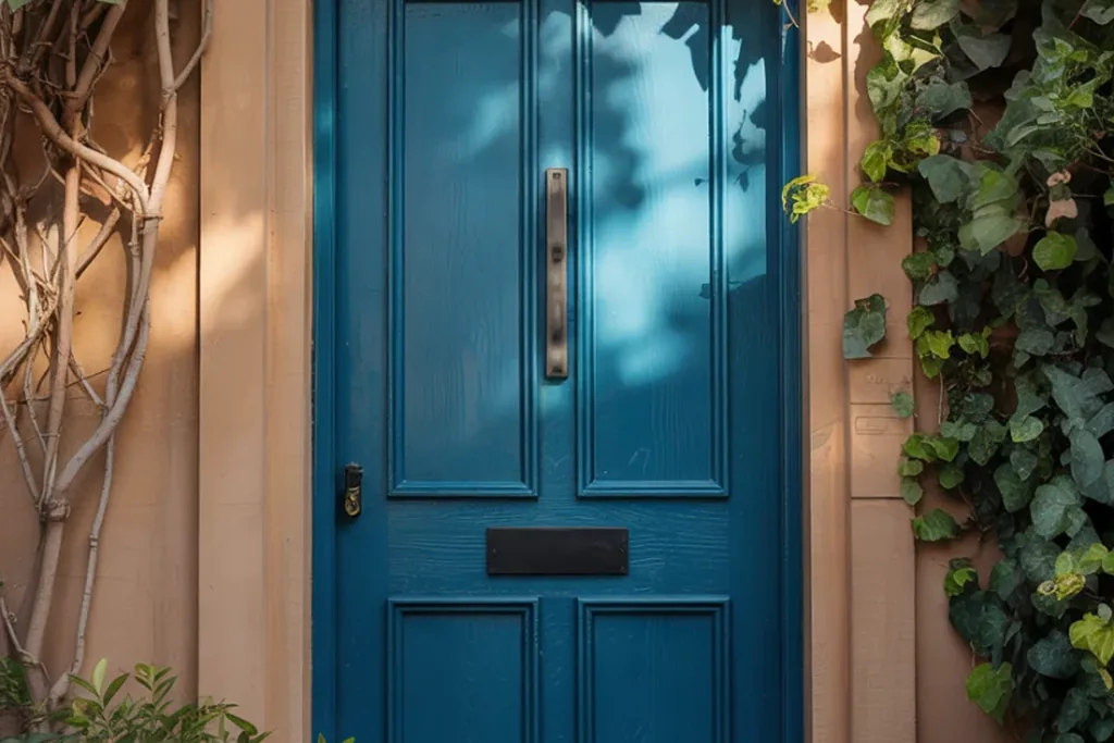 Front door painted deep peacock blue green on a house exterior.