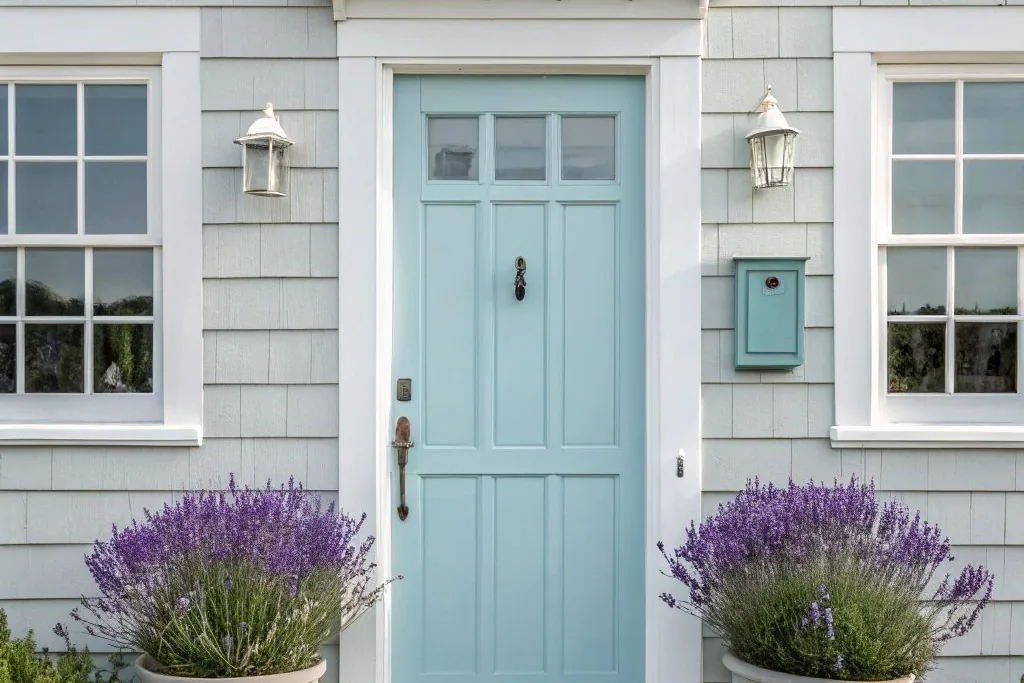 Front door painted light periwinkle blue on a house exterior.
