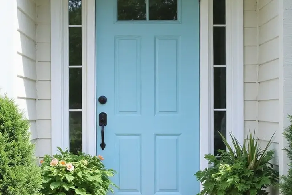 Front door painted pale powder blue on a house exterior.