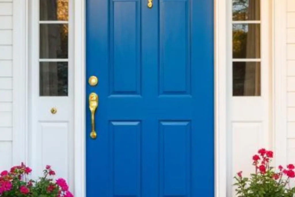 Front door painted bold primary blue on a house exterior.