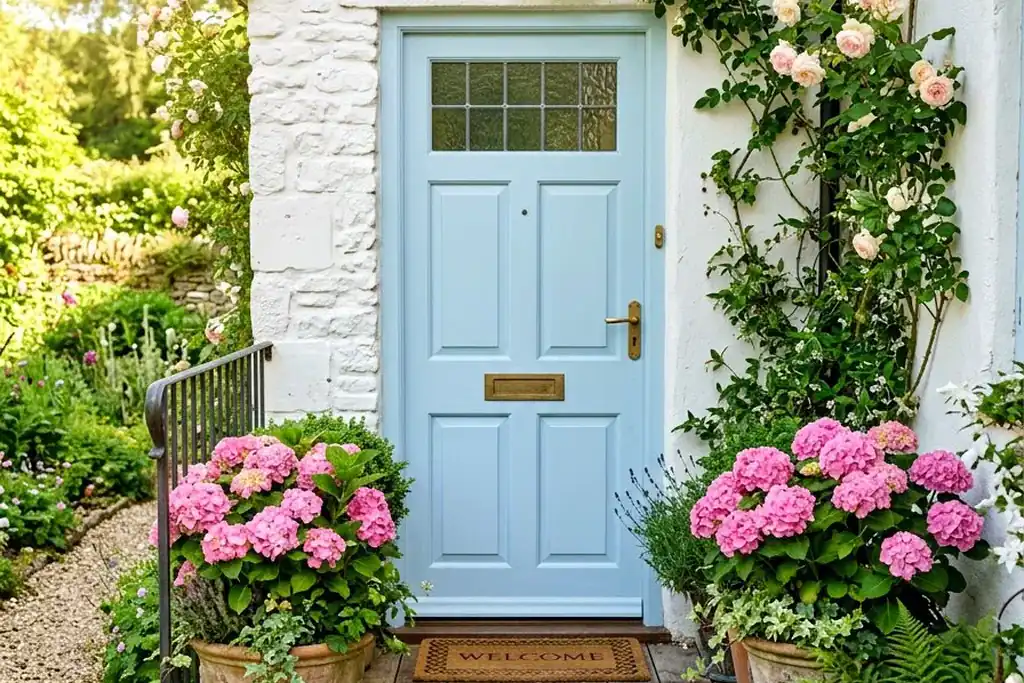 Front door painted robin's egg blue with a blue green tint.