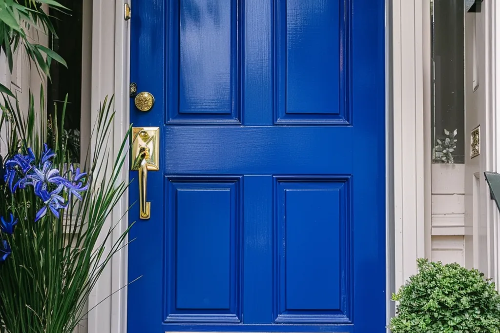 Front door painted vivid royal sapphire blue on a house exterior.