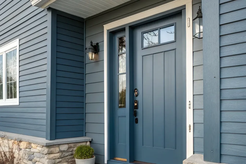 Front door painted muted slate blue on a house exterior.