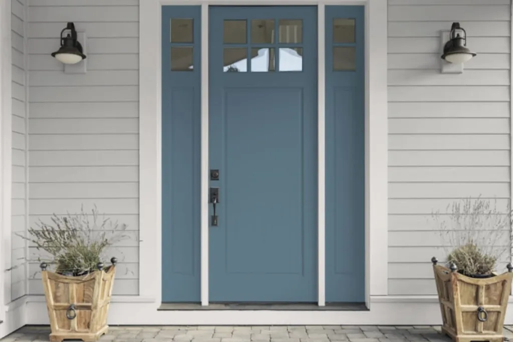 Front door painted hazy smoky blue on a house exterior.