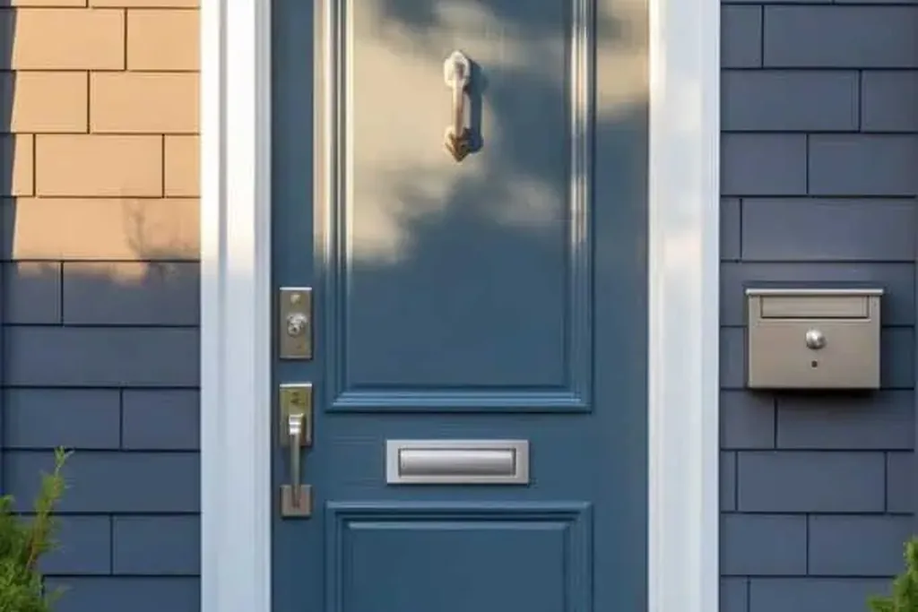 Front door painted cool steel blue on a house exterior.