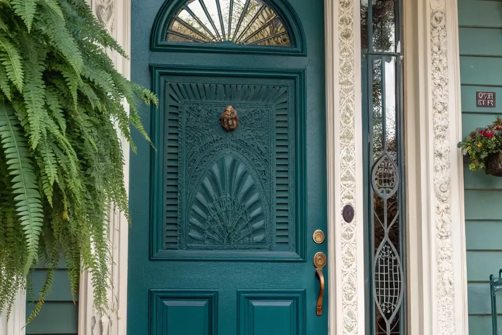 Front door painted rich teal blue on a house exterior.