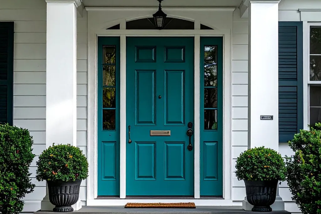 Front door painted bright turquoise on a house exterior.