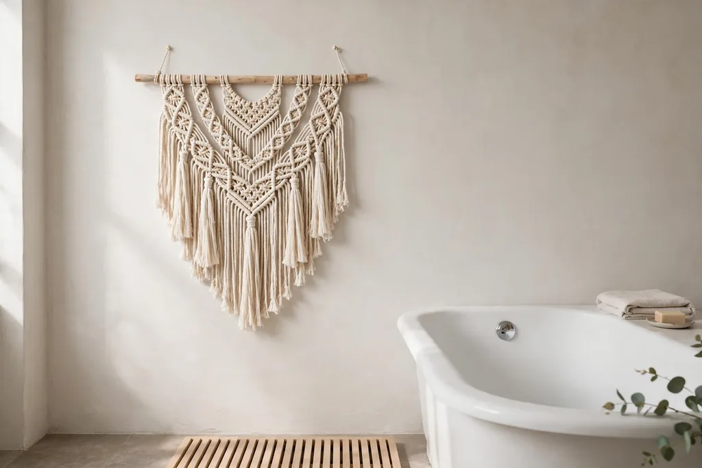Macrame wall hanging with a wooden dowel on a plain bathroom wall beside a bathtub.