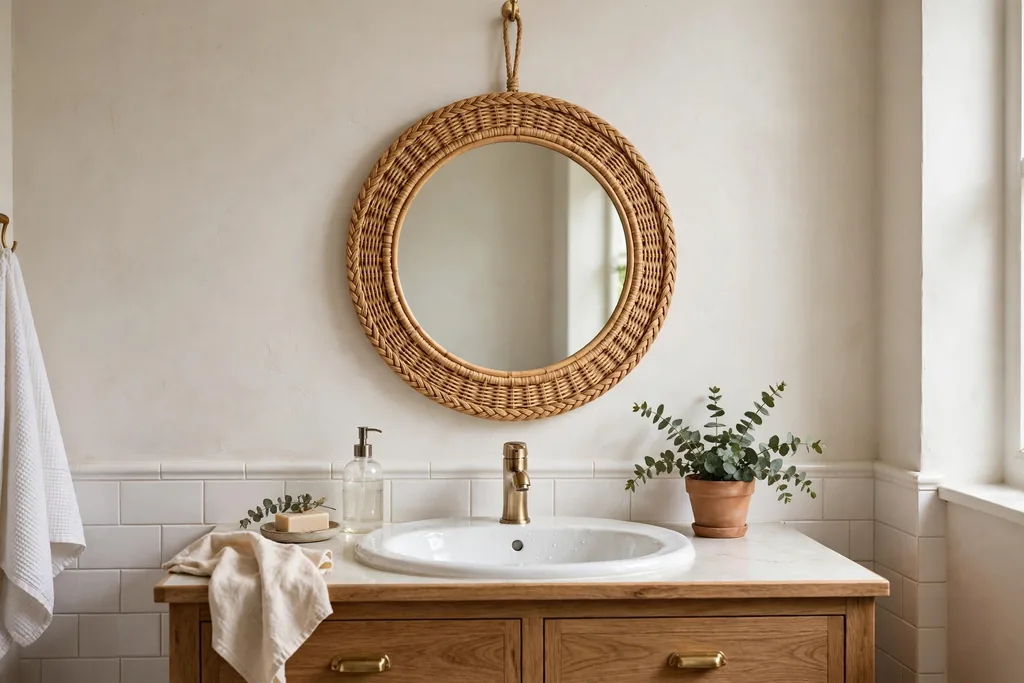 Round rattan mirror hanging over a wood bathroom vanity with a white sink.
