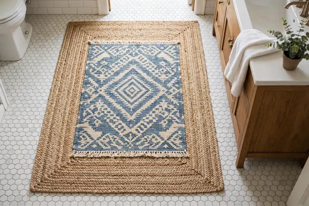Layered jute rug with a smaller patterned cotton rug on a bathroom tile floor.