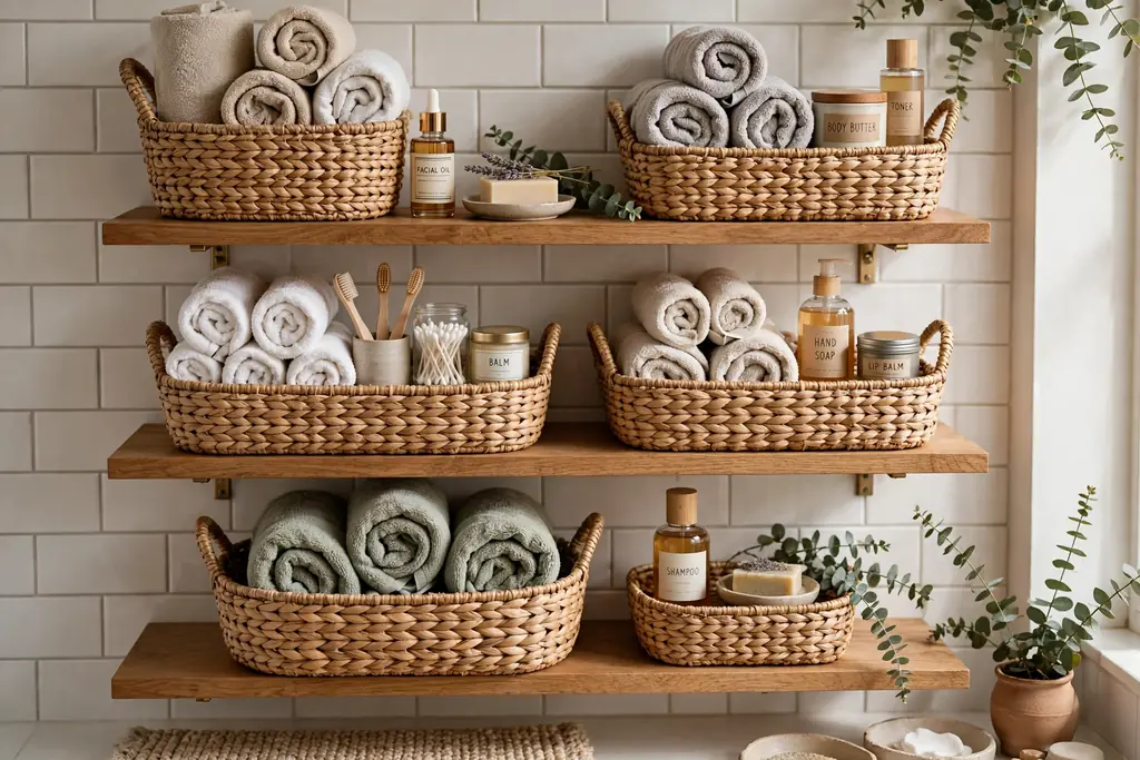 Seagrass baskets holding rolled towels and toiletries on bathroom shelves.