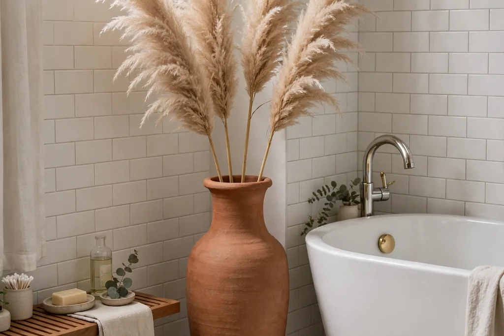 Tall terracotta vase holding pampas grass in a bathroom corner beside a bathtub.