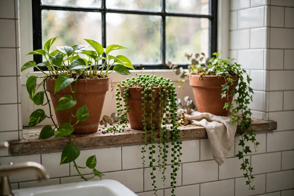 Terracotta pots with trailing green plants on a bathroom windowsill.