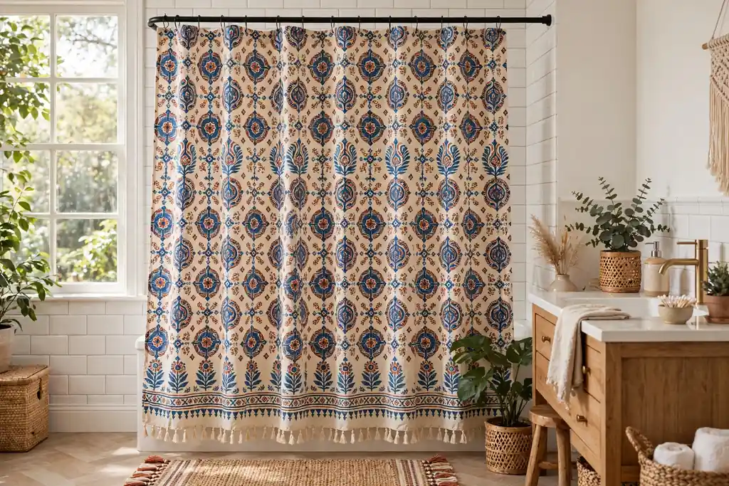 Patterned boho shower curtain with a block print pattern hanging in a bright bathroom.