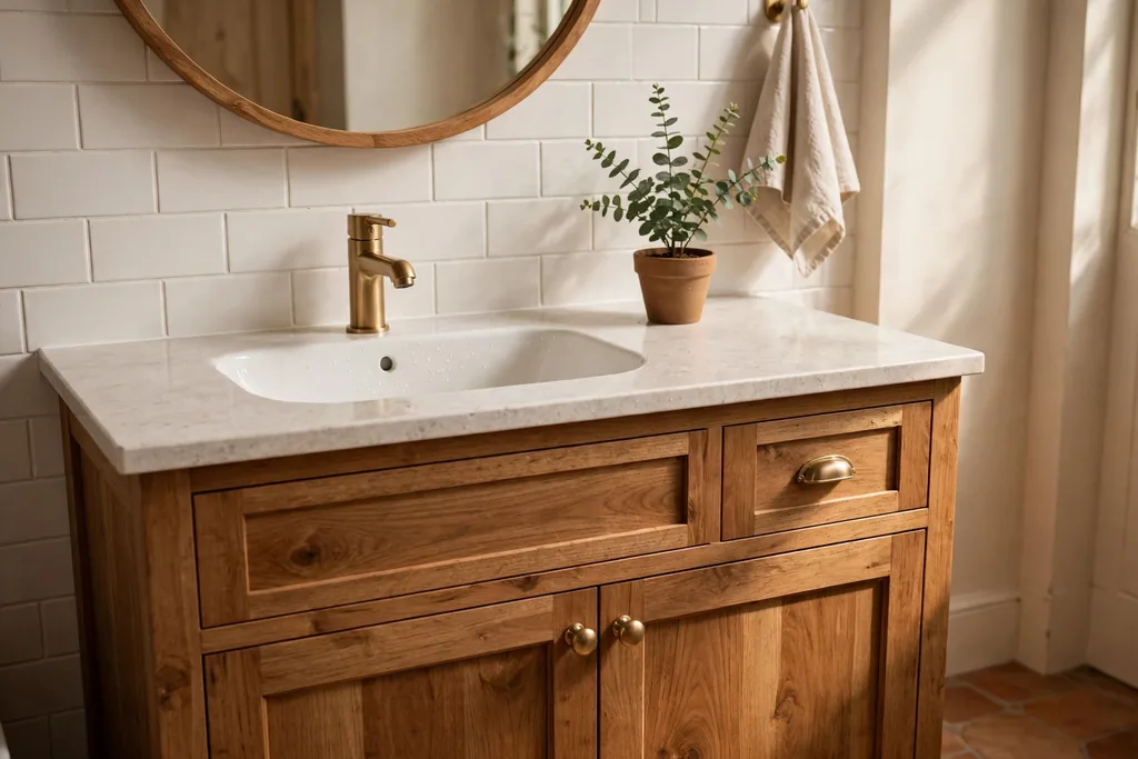 Warm wood bathroom vanity with a white basin and a small plant on the counter.