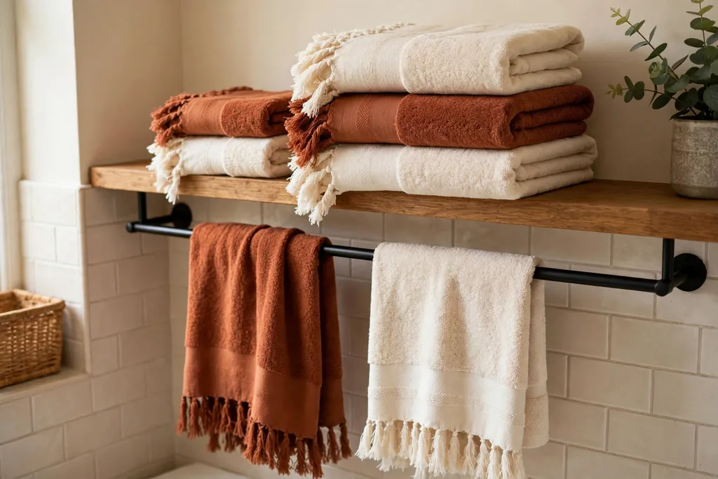Fringed towels in rust and cream tones folded on a bathroom shelf and hanging on a rail.