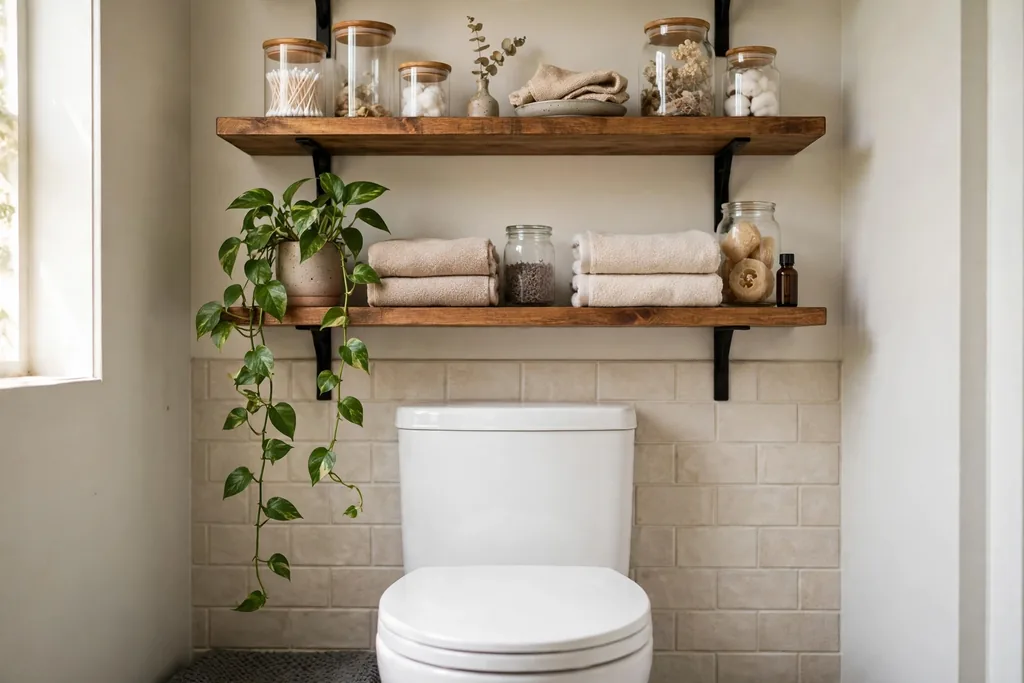 Open wood shelves above a toilet styled with a trailing plant, glass jars, and folded towels.
